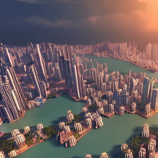 Prompt: massive city built on a tropical island, photorealistic 4k, 8k