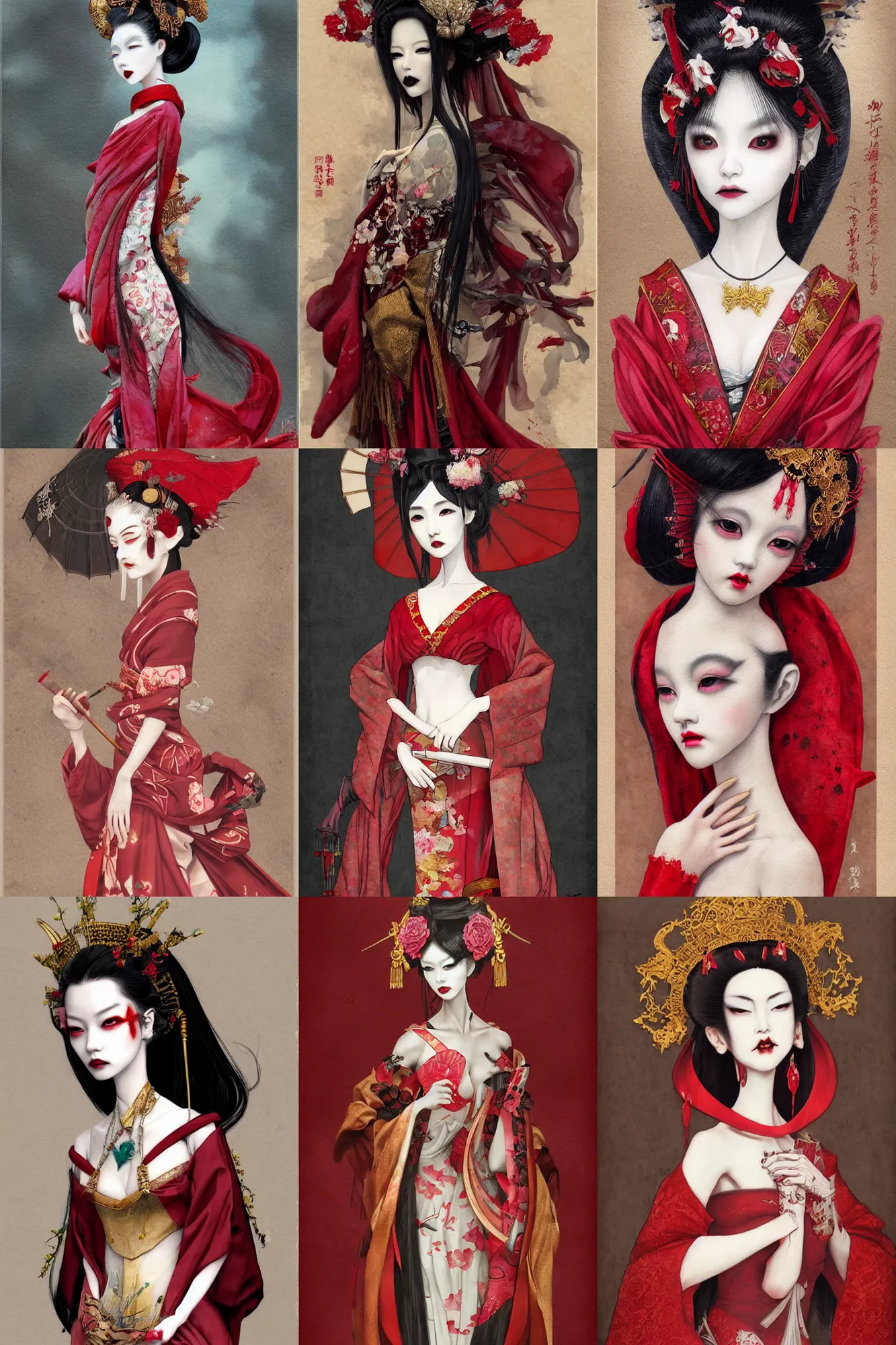 Prompt: watercolor painting of an avant - garde japanese bjd geisha vampire queen with a long neck in a victorian red dress painted by z. w. gu, amy sol, tom bagshaw, intricate detail, artstation, artgerm, in the style of dark - fantasy, rococo, gold leaf art
