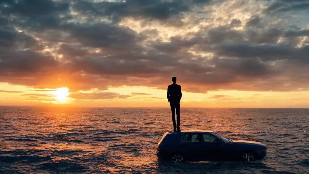 Prompt: a movie still of a man standing on a car while driving through the ocean at sunset, golden hour