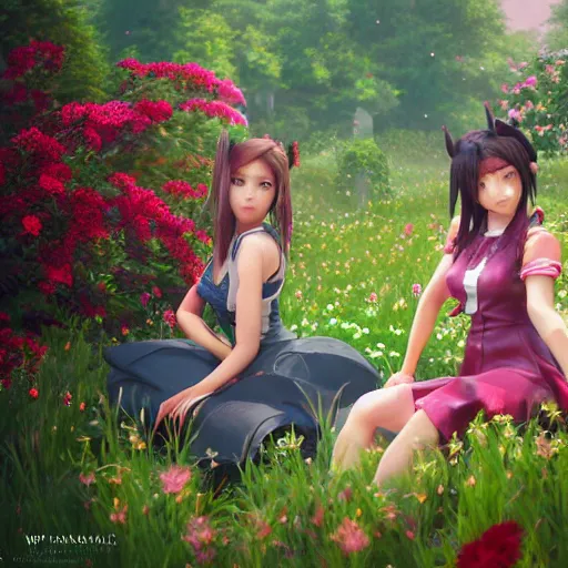 Image similar to aerith and yuffie from final fantasy 7 remake by ross tran, sitting in a flower field by ilya kuvshinov, rtx reflections, maya, extreme high intricate hyperrealistic details by wlop, medium shot, composition by sana takeda, dramatic lighting by greg rutkowski