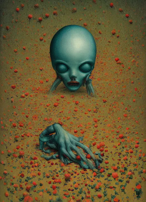 Image similar to She Eats of the Strangling Fruit and Her spiderlike gossamer glistening polyp blossoms bring iridescent fungal flowers whose spores black the foolish stars Edward Hopper and James Gilleard, Zdzislaw Beksinski, Mark Ryden, Wolfgang Lettl highly detailed