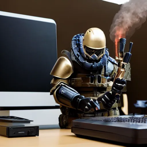 Image similar to angry man in juggernaut armor burning a desktop tower pc with a military flamethrower