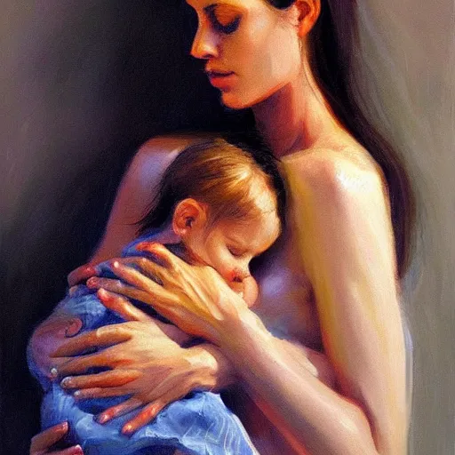 Image similar to beautiful woman cradling her child by stefan kostic, engulfed in flames, elegant, realistic, loving