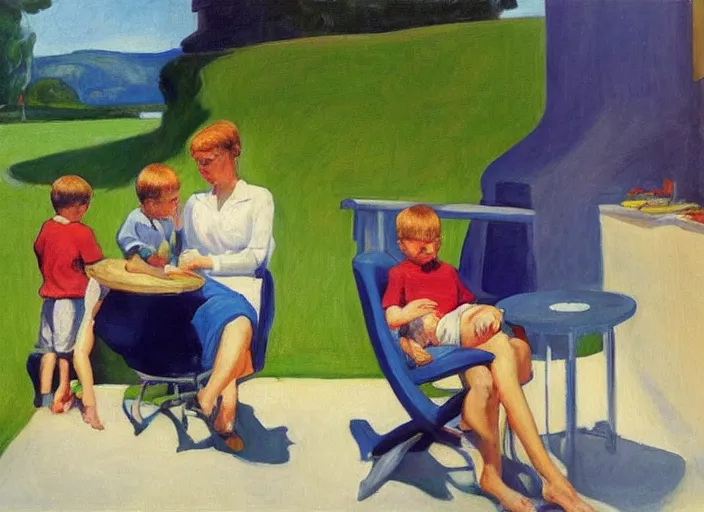 Image similar to detailed painting of mother with two sons aged 6 and 9 on vacation in the druskininkai resort by edward hopper