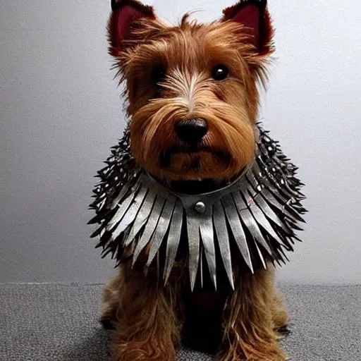 Prompt: “ iron bark, the superhero west highland terrier, clad in iron spiky armor ”