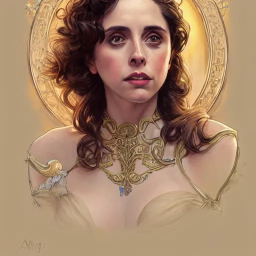 Image similar to ultra realistic illustration, alison brie wearing a curly english mustache, intricate, elegant, highly detailed, digital painting, artstation, concept art, smooth, sharp focus, illustration, art by artgerm and greg rutkowski and alphonse mucha