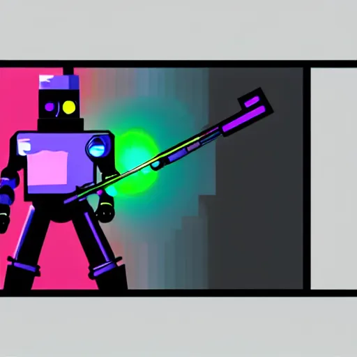 Image similar to robot with a crt color bars tv screen for a head holding a sniper rifle. character design. digital art. masterpiece.