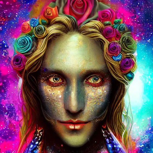 Image similar to Very very very very highly detailed mystic, enigmatic, strange portrait with galaxy, roses, shark's teeth by Mozart, intricate, extremely detailed, digital painting, artstation, concept art, smooth, sharp focus, illustration, intimidating lighting, incredible art,