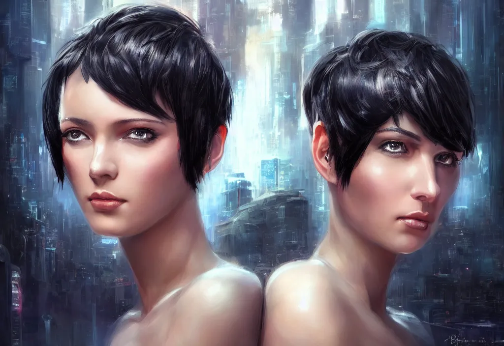 Image similar to a portrait of a beautiful girl with small horns on her head, short black hair, pixie cut, cyberpunk style, futuristic, realism, wide shot, dramatic lighting, digital art, 8k resolution, high detail, by Boris Vallejo