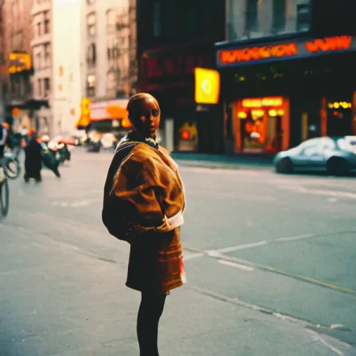 Image similar to kodak portra 8 0 0, film grain, ricoh, street photography, manhattan corner shop, girl portrait, tongue out, youth, evening light,