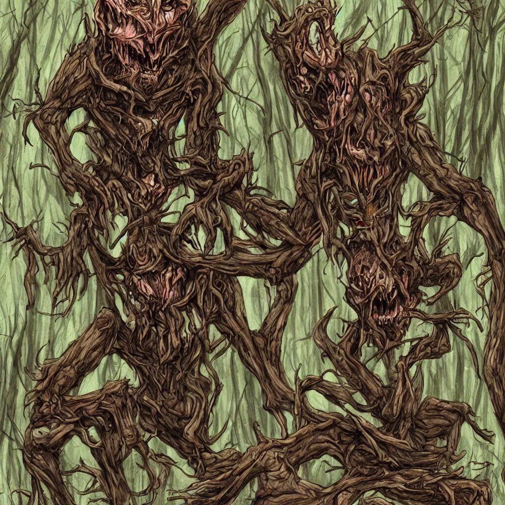 Image similar to forest, horrifying creature, necro, necromorph, fangs