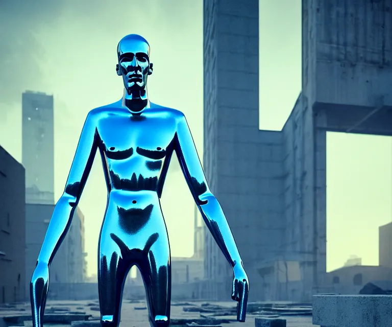 Image similar to tall man consisting of blue translucent shiny material and steel stripes, standing in ruins in the evening. extremely high details, solo, masterpiece, photorealistic, hyperrealism, cinematic, fantasy, octane render, volumetric lighting, depth of field, bokeh, cgsociety by ed binkley, johannen voss, dragan bibin