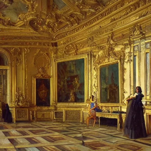 Prompt: fine art, oil on canvas baroque style by louis le nain. the interior of the palace of versailles in france. fine art in the walls and