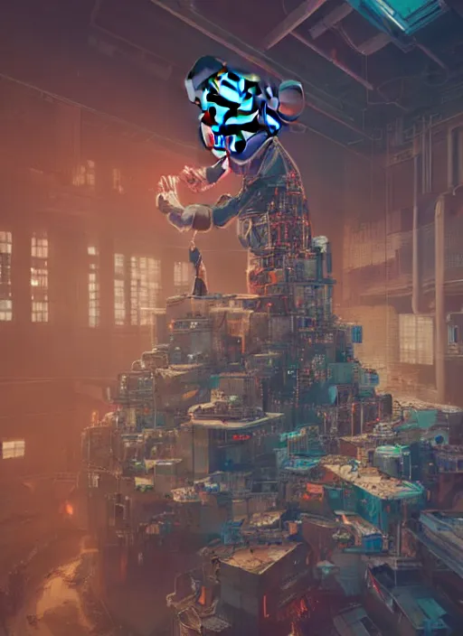 Prompt: engineers building giant head of cyberpunk mickey mouse, inside of abandoned netflix office, by beeple, dystopia, golden ratio, octane render, redshift, trending on artstation, 8 k