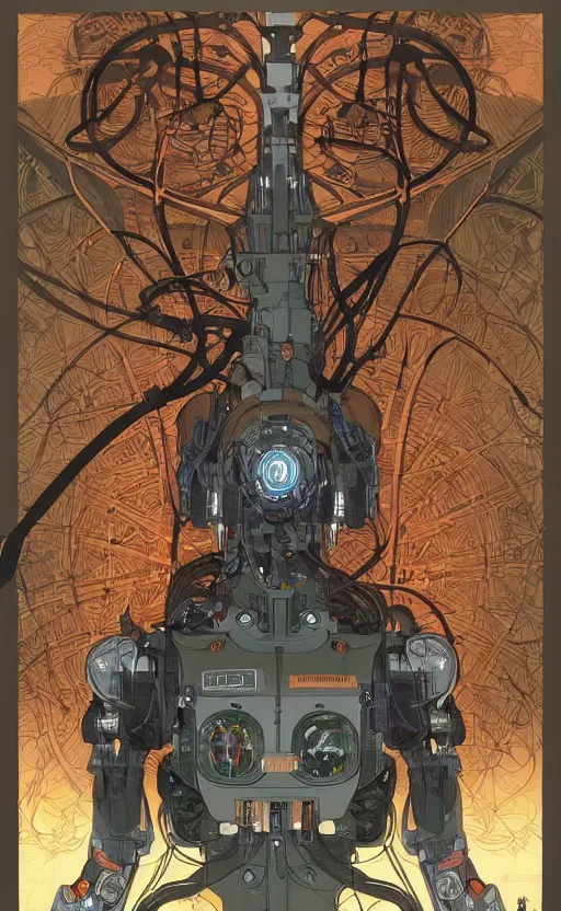 Prompt: upper half portrait of army mecha robot - wires and vines as poster design borders, art by alphonse mucha, highly detailed, digital painting, concept art, illustration, smooth sharp focus, intricate, symmetry, artstation, colourful,