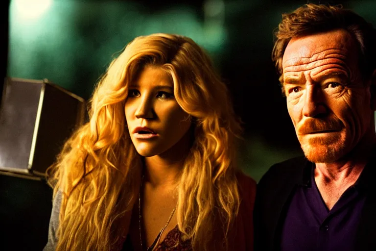 Image similar to film still of bryan cranston and kesha in cosmic horror! the musical by david cronenberg, budapest street background, 3 5 mm film, atmospheric, ultra fine detail, film grain, photorealistic, hyperrealistic dramatic lighting