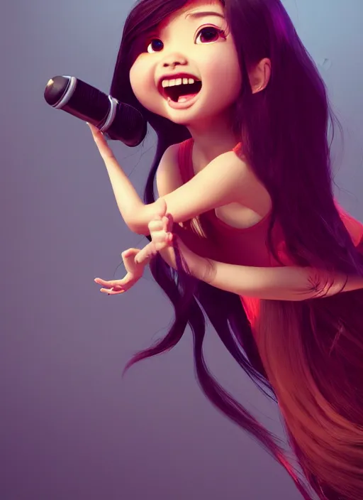 Image similar to a cute asian girl singing, flowing hair in the style of pixar animation, mid-shot, award winning, hyper detailed, studio lighting, artstation, octane renderer, unreal engine