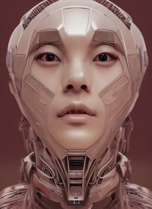 Image similar to beautiful portrait of an alien cyborg, style of Feng Zhu, Artstation geometric, aesthetic, big eyes, smooth skin, angelic, unique features, symmetrical, intricate crown, high fashion, streetwear, cyberpunk, detailed, octane render, cinematic, 8k, brown skin, retro sci fi film, Stanisław Szukalski + Moebius,