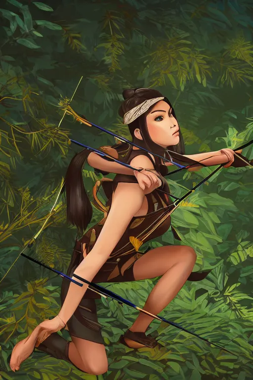 Prompt: female archer with leafy black hair crouching on sunset forest. high detail