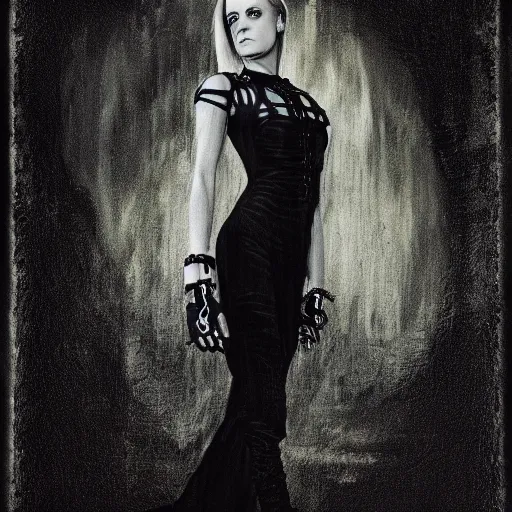 Prompt: a striking esoteric painting of Evan Rachel Wood, dark, metal, black background, occult, by Paulina Peavy