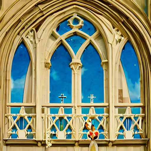 Image similar to a detailed beautiful picture of the window of the church, a bride and a groom, sky, flower, by makoto shinkai, - w 7 6 8