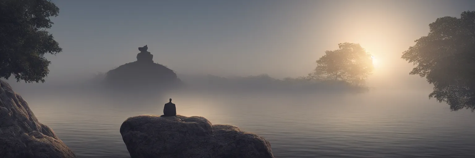 Prompt: the silhouette of a meditating monk sitting in the fog on a stone protruding from the water in the rays of the morning sun, hyper detailed.