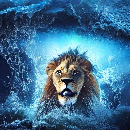 Image similar to a male lion's face breaching through a wall of water, headshot, water sprites, splashing, deep blue ocean, highly detailed, realistic digital art, trending on artstation