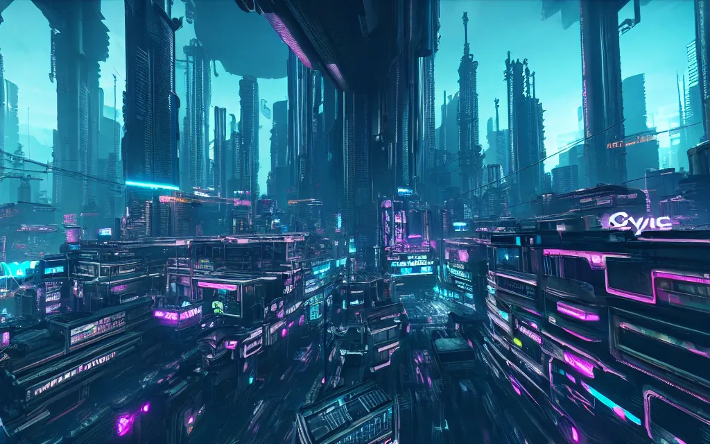 Prompt: highly futuristic cityscapes, cyberpunk aesthetics, intricate detail, neon color scheme, rendered in cryengine