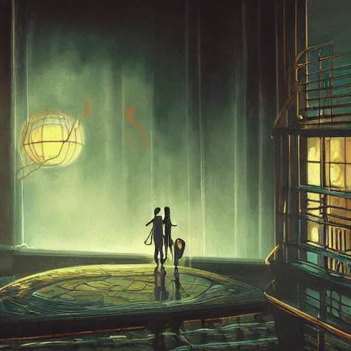 Image similar to a painting of a rapture from bioshock by studio ghibli, golden hour, dreamy, misty, cool, detailed