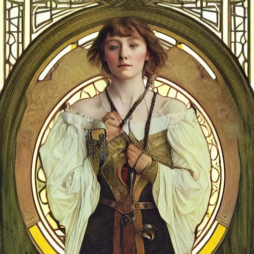 Prompt: realistic detailed face portrait of Saoirse Ronan as Joan of Arc by Alphonse Mucha, art nouveau