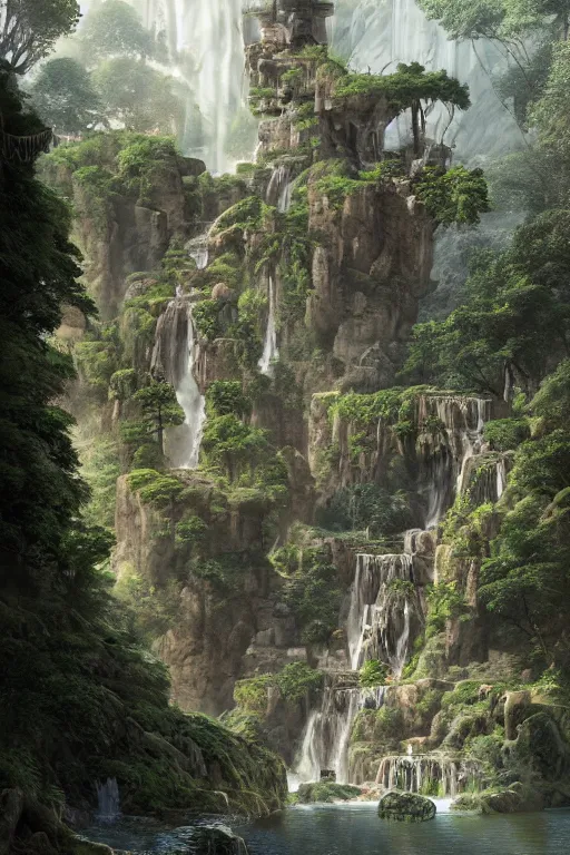 Image similar to carved into the Rock a citadel-temple above a waterfall , gnarly trees, lush vegetation, forrest, a small stream runs beneath the waterfall, landscape, raphael lacoste, eddie mendoza, alex ross, concept art, matte painting, highly detailed, rule of thirds, dynamic lighting, cinematic, detailed, denoised, centerd