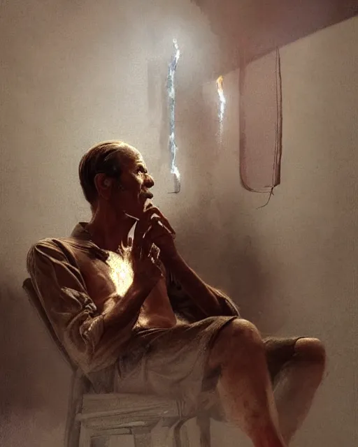 Image similar to a highly detailed epic cinematic concept art CG render digital painting artwork: Henry Fonda as a 1950s tired poet, barefoot, smoking a cigarette. volumetric lighting. By Greg Rutkowski, in the style of Francis Bacon and Syd Mead and Norman Rockwell and Beksinski, open ceiling, highly detailed, painted by Francis Bacon and Edward Hopper, painted by James Gilleard, surrealism, airbrush, Ilya Kuvshinov, WLOP, Stanley Artgerm, very coherent, triadic color scheme, art by Takato Yamamoto and James Jean