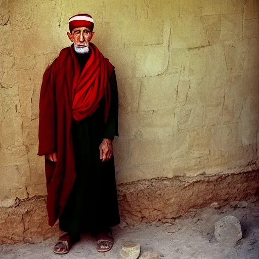 Image similar to portrait of president woodrow wilson as afghan man, green eyes and red scarf looking intently, photograph by steve mccurry