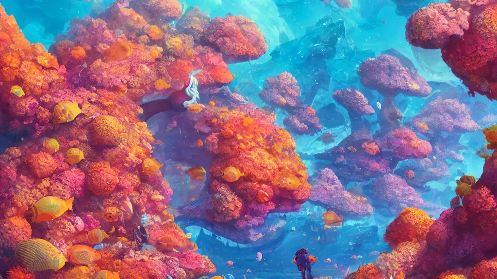 Image similar to ancient alien planet covered in colorful coral reefs on the ground, anthropomorphic fish girls, by sylvain sarrailh, rossdraws, ambient light, ultra detailed, fantasy artwork, 8 k, volumetric lighting, trending on artstation, award winning, beautiful scenery, very beautiful.