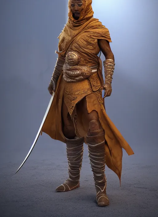 Image similar to concept art of a fremen warrior, ultra realistic, octane render, 8 k, hd, realistic lighting, moody, dramatic