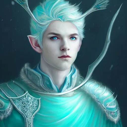 Image similar to half length portrait of a handsome male snow elf in a turquoise cape and silver ornate armour as an archer, albino skin, pale pointed ears, ethereal opalescent mist, moonlight snow, perfect face, elegant, very coherent symmetrical artwork, atmospheric lighting, rule of thirds, by wenjun lin, krenz cushart, charlie bowater, trending on artstation