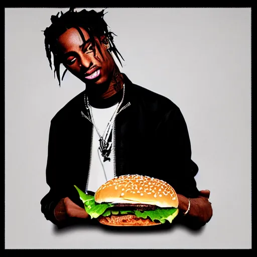 Prompt: a realistic photo of playboi carti eating a travis scott burger, film grain, vintage photo, high contrast