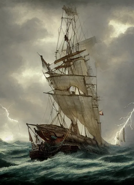 Prompt: mid shot portrait of an obese fat pirate with two peglegs and two hook hands steering a wooden galleon tall ship of the line through a rain and lightning storm. view from on deck, sails and masts and rigging ropes pulleys billowing sails canvas, detailed dynamic light painting by peter mohrbacher