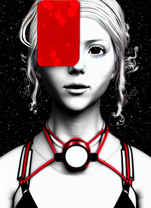 Prompt: highly detailed portrait of a hopeful pretty astronaut lady with a wavy blonde hair, by Jed Henry , 4k resolution, nier:automata inspired, bravely default inspired, vibrant but dreary but upflifting red, black and white color scheme!!! ((Space nebula background))