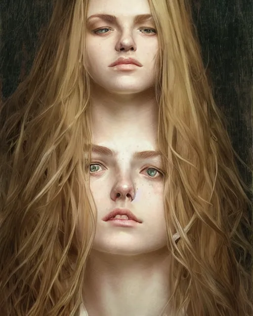 Prompt: portrait of 1 6 - year - old woman with dirty blonde hair down to her waist, pale eyebrows and protuberant silver eyes, wearing white shirt, hyper realistic face, beautiful eyes, fantasy art, in the style of greg rutkowski, intricate, alphonse mucha, hyper detailed, smooth