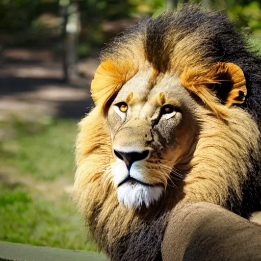 Image similar to lion roaring at the zoo wearing a hat