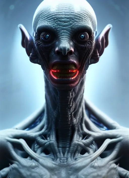 Image similar to portrait of a space alien, varying detailed skin, octane render, piercing glowing eyes, realistic render, detailed, ugly, slimy unreal engine, symmetrical!!, greg rutkowski and ruan jia, cinematic