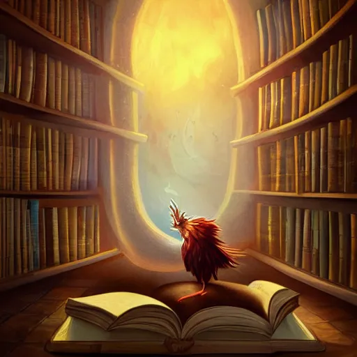a cartoonish adorable phoenix inside a library, curled | Stable ...