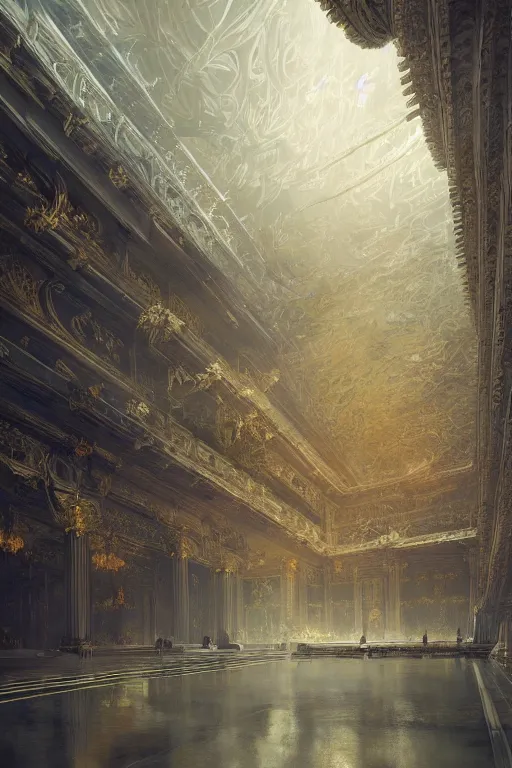 Image similar to inside of an imperial palace, powerfull, intricate, elegant, volumetric lighting, digital painting, highly detailed, artstation, sharp focus, illustration, concept art, ruan jia, steve mccurry