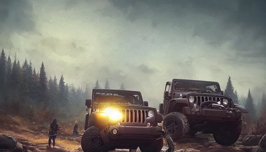 Image similar to single jeep wrangler, tribe members watching nearby, an epic fantasy, dramatic lighting, cinematic, establishing shot, extremely high detail, photorealistic, cinematic lighting, artstation, by simon stalenhag, horizon forbidden west