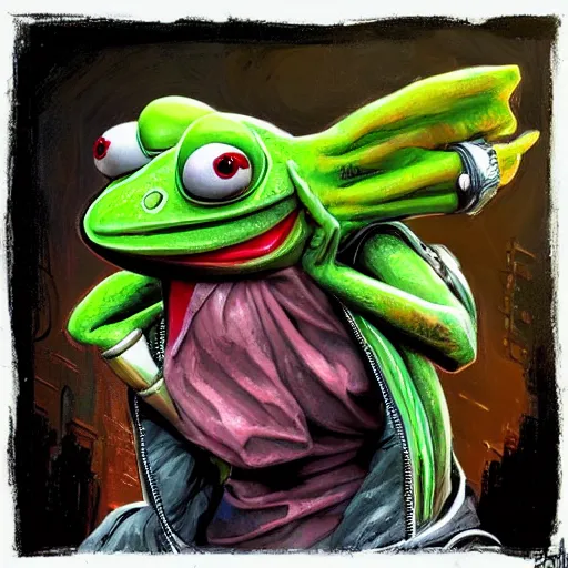 Prompt: character portrait of Kermit the Frog as a retrofuturistic punk, mohawk with shaved side hair, bad attitude, dystopian cyberpunk steampunk soviet mood, intricate, wild, highly detailed, digital painting, artstation, upper body, concept art, smooth, sharp focus, illustration, art by artgerm and greg rutkowski and alphonse mucha, vibrant deep colors