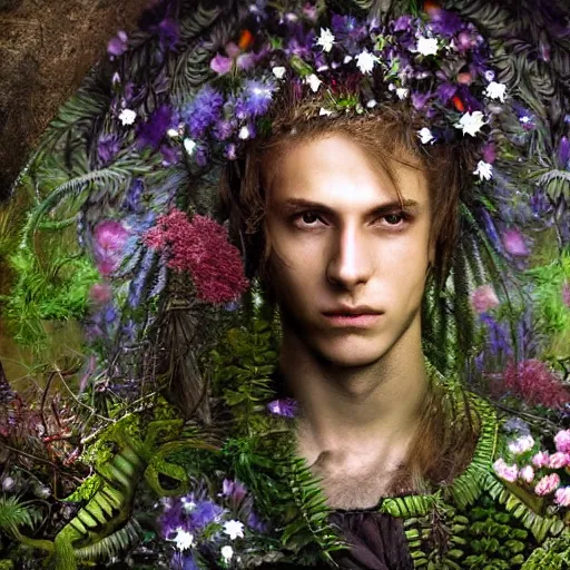 Prompt: a male knight, stern face, clear eyes, in a dark forest, shining armour made of steel and flowers, and fractal flowery hair in a fractal garden, glowing delicate flower, berries and ferns that grow in a dark fantasy forest, clear face, peaceful face, half figure shot,