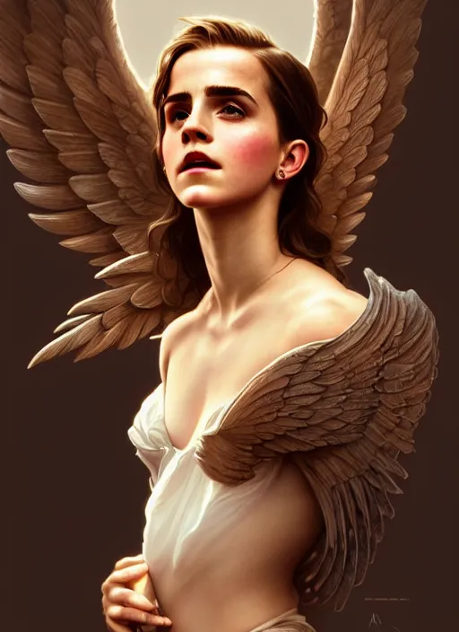 Image similar to portrait of emma watson as an sultry angel, wings, bible, intricate, headshot, highly detailed, digital painting, artstation, concept art, sharp focus, cinematic lighting, illustration, art by artgerm and greg rutkowski, alphonse mucha, cgsociety