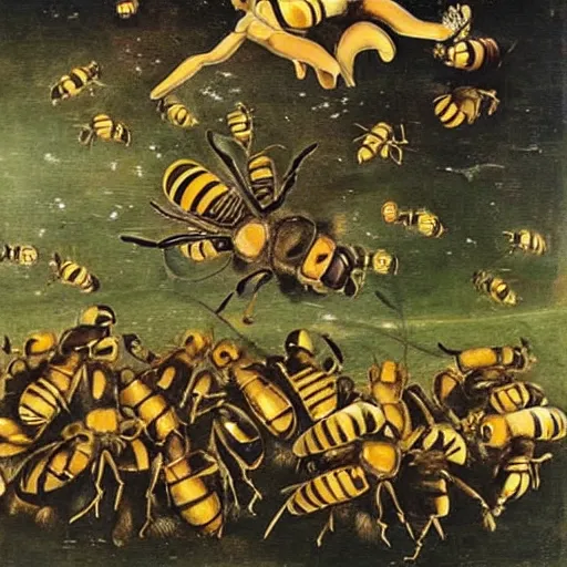 Image similar to when the bees attack, art by salvador dali, bosch, masterpiece