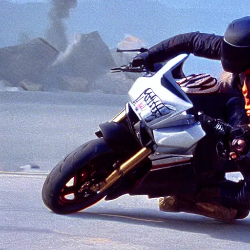 Image similar to film still from the 'Epic Action Movie' (1995). Exciting action scene of a motorcycle and explosions. Sigma 85mm f/8